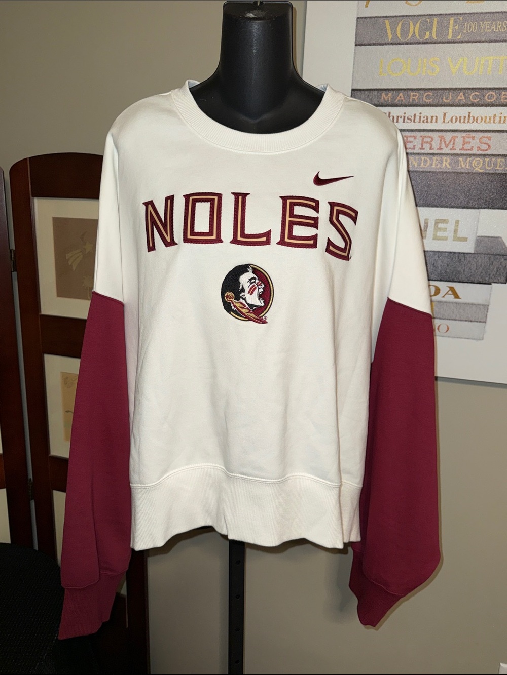 Florida State Nike White and Garnet 'Noles' Crewneck LG Arms Sweatshirt Baggy